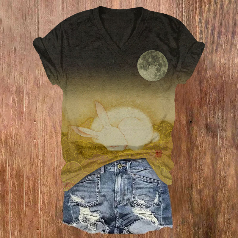 Japanese Ukiyo-e Full Moon White Rabbit Pattern Print Short Sleeved V-neck T-shirt - Apricot - US32-34(5XL) - image 1