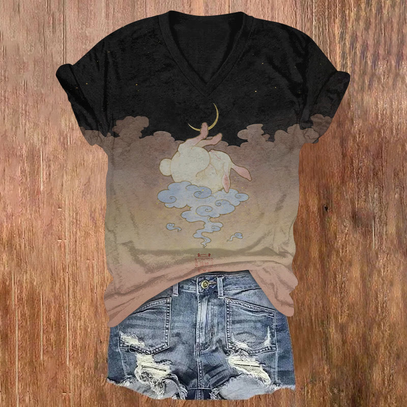 Japanese Ukiyo-e Moon Rabbit Pattern Print Short Sleeved V-neck T-shirt - Apricot - US32-34(5XL) - image 1