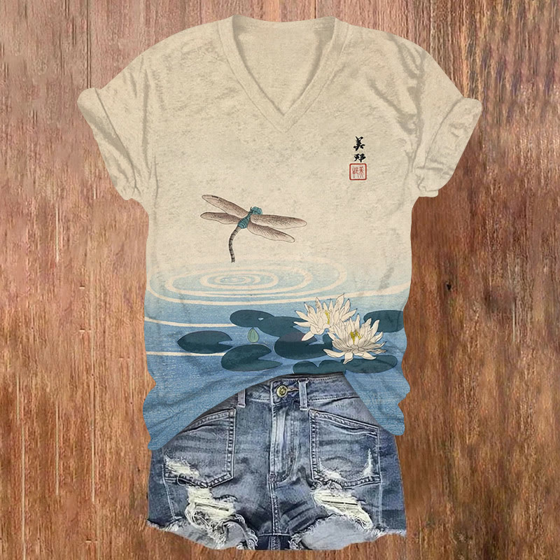 Japanese Ukiyo-e Lotus Dragonfly Pattern Print Short Sleeved V-neck T-shirt - Apricot - US32-34(5XL) - image 1