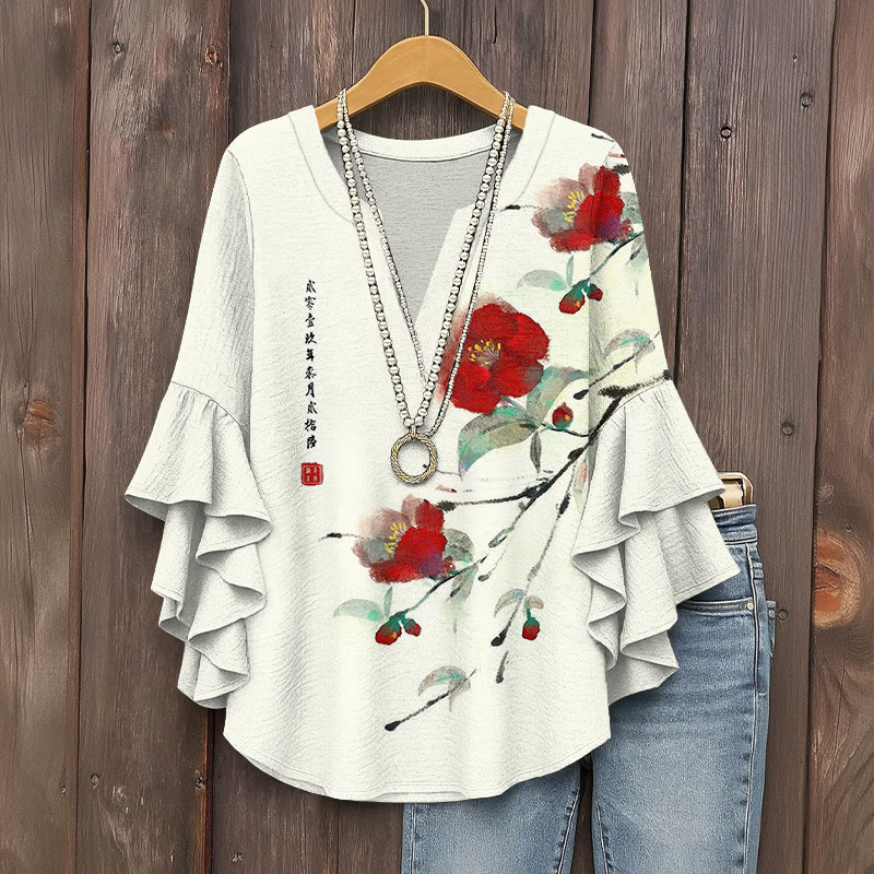 Vintage Camellia And Poetry Pattern Ink Print V-neck Half Sleeve Blouse - Apricot - 5XL - image 1