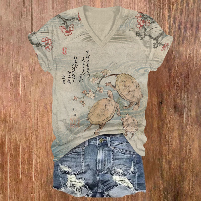 Japanese Ukiyo-e Turtles And plum Pattern Print Short Sleeved V-neck T-shirt - Apricot - US32-34(5XL) - image 1