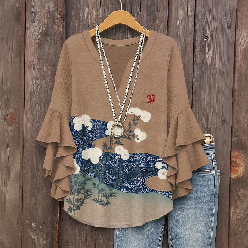 Japanese Vintage Traditional Stream Flower Prints Pattern Ink Print V-neck Half Sleeve Blouse - Brown - 5XL - image 1