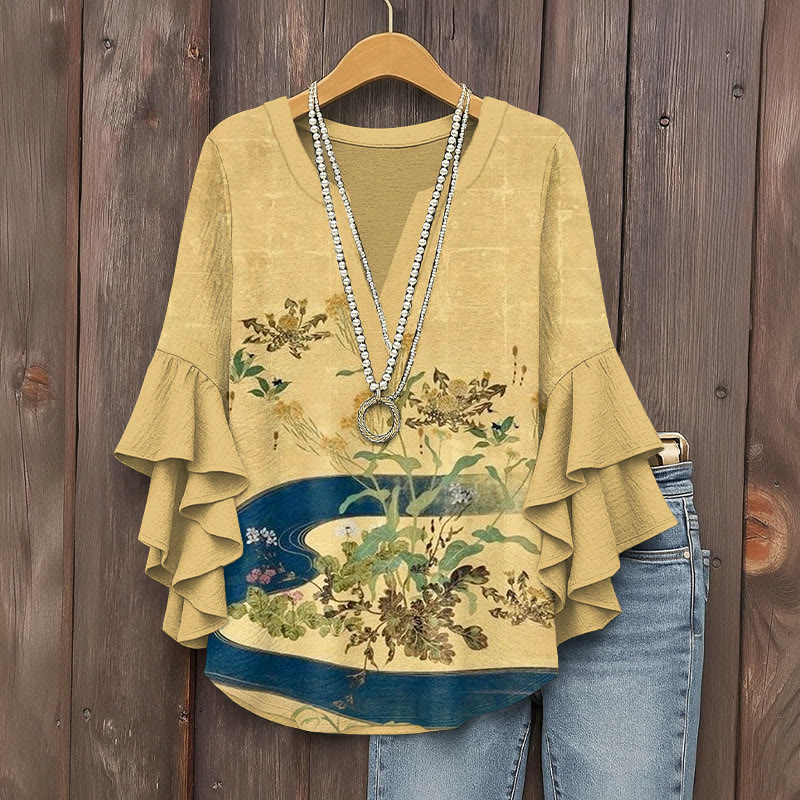 Japanese Traditional Flower And Grass River Prints Pattern Ink Print V-neck Half Sleeve Blouse - Yellow - 5XL - image 1