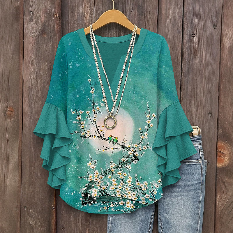 Vintage Two Little Birds On The Branch Prints Pattern Ink Print V-neck Half Sleeve Blouse - Light Green - 5XL - image 1