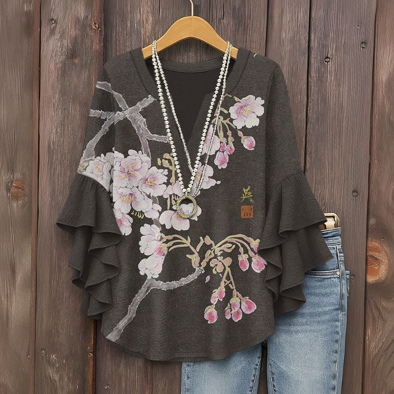 Vintage cherry blossom tree Prints Pattern ink Print V-Neck Half Sleeve Blouse - Black - 5XL - image 1