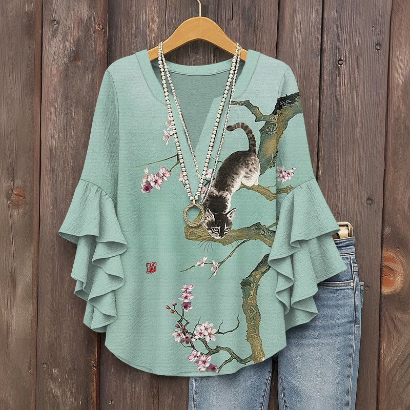 Vintage Cat And Cherry Blossom Tree Prints Pattern Ink Print V-neck Half Sleeve Blouse - Light Green - 5XL - image 1