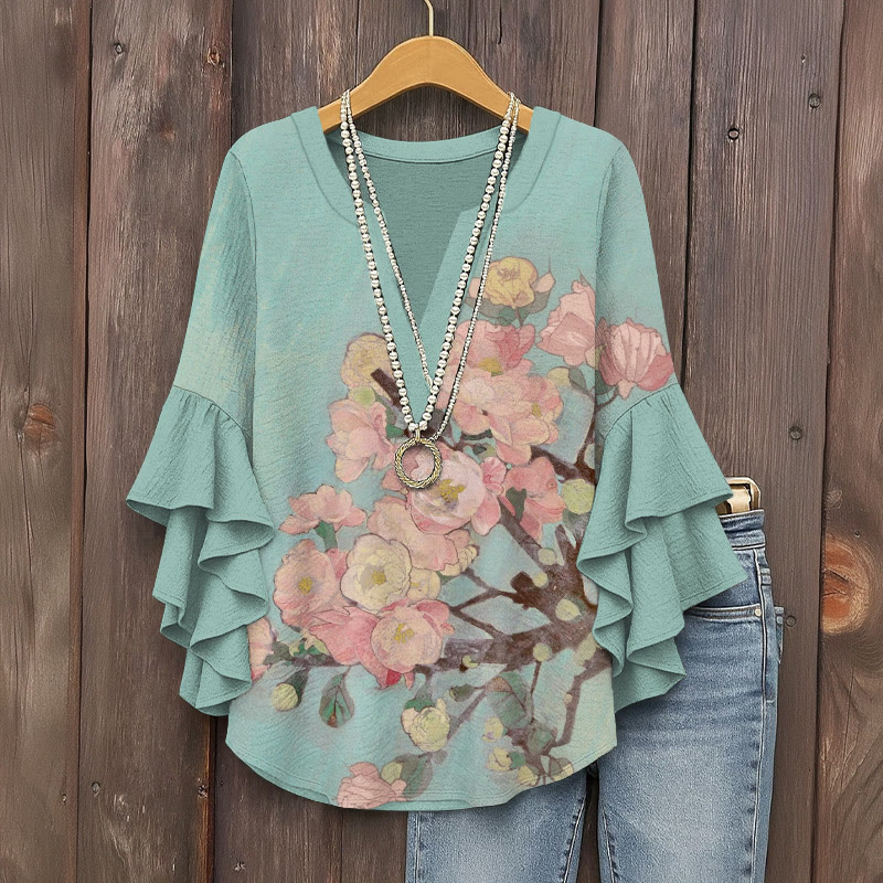Vintage Japanese Camellia Prints Pattern Ink Print V-neck Half Sleeve Blouse - Light Green - 5XL - image 1