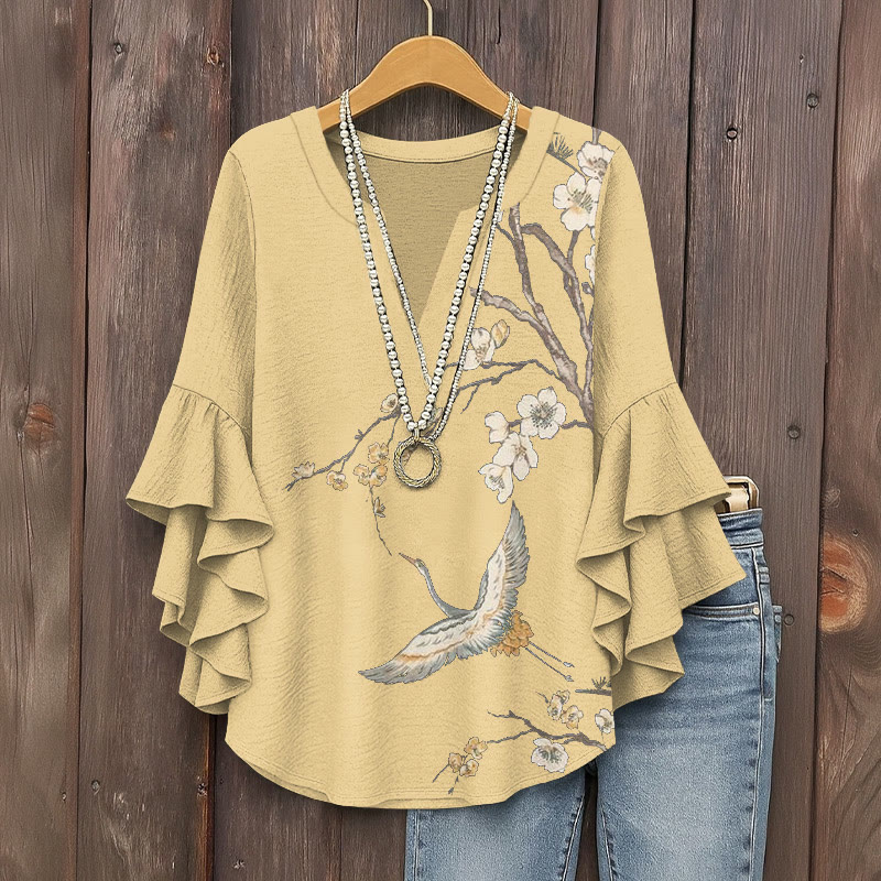 Vintage Japanese Sakura Crane Prints Pattern Ink Print V-neck Half Sleeve Blouse - Yellow - 5XL - image 2