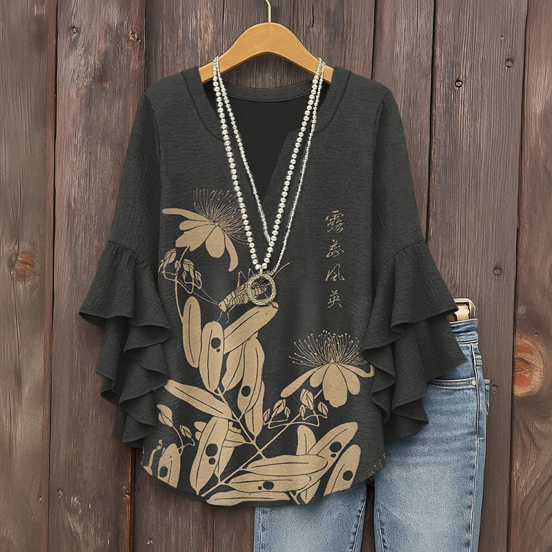 Vintage Japanese Insect Prints Prints Pattern Ink Print V-neck Half Sleeve Blouse - Black - 5XL - image 1