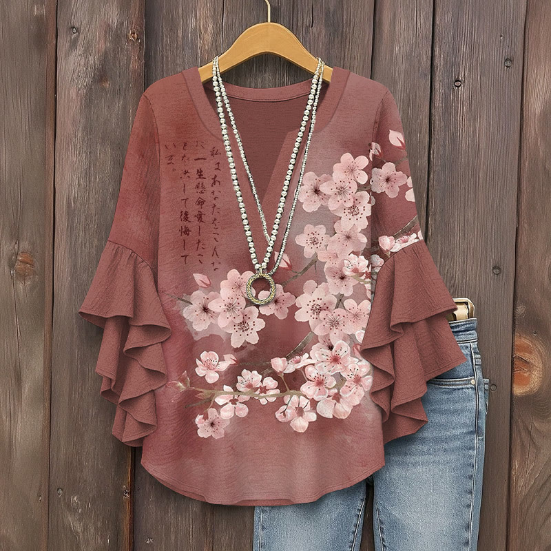 Japanese Lush Cherry Blossoms Prints Prints Pattern Ink Print V-neck Half Sleeve Blouse - Red - 5XL - image 1