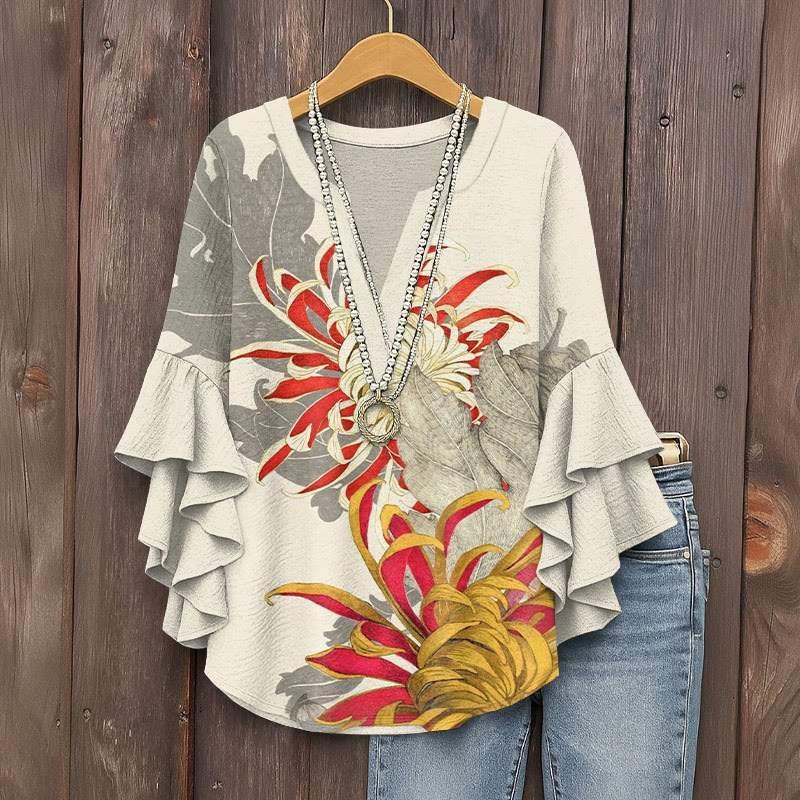 Japanese Vintage Chrysanthemum Art Prints Prints Pattern Ink Print V-neck Half Sleeve Blouse - Apricot - 5XL - image 1