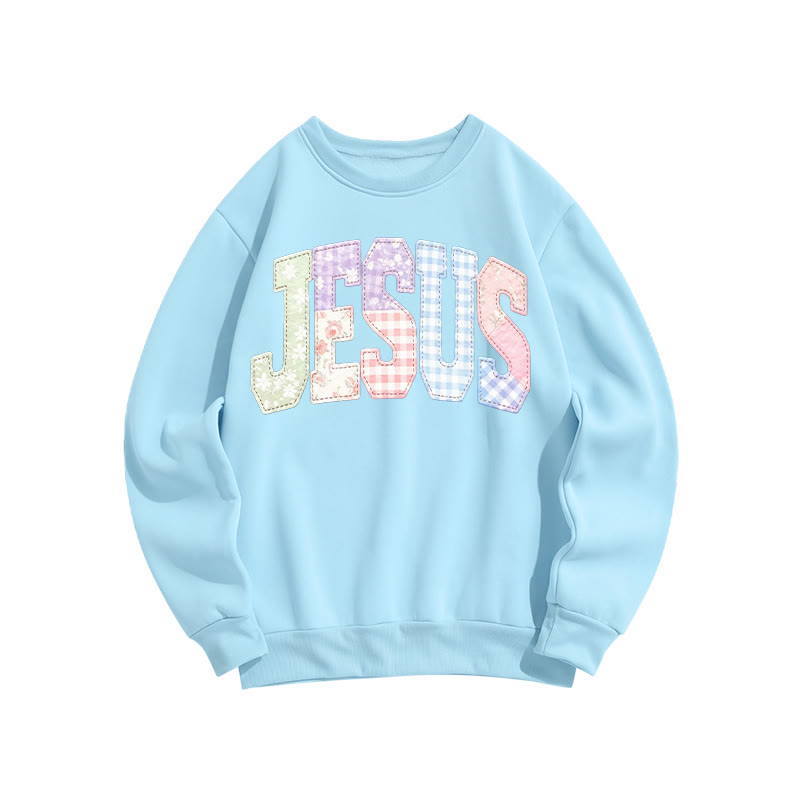 Christian Sublimation Jesus Faux Embroidered Patchwork Print Sweatshirt - Light Blue - US16-18(2XL) - image 2