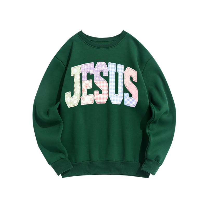 Christian Sublimation Jesus Faux Embroidered Patchwork Print Sweatshirt - Green - US16-18(2XL) - image 3