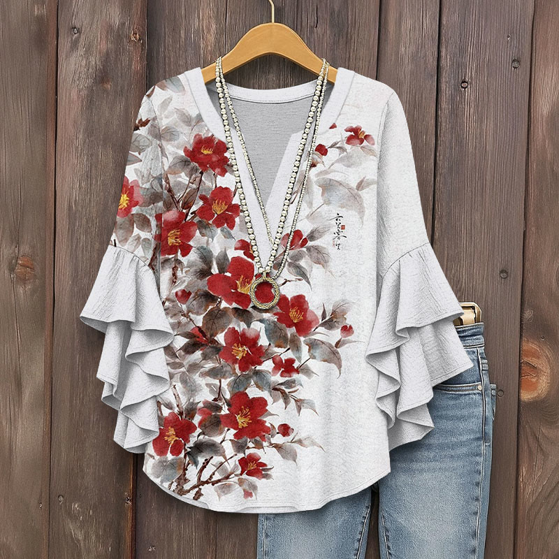 Vintage Classical Camellia Ink Painting Prints Pattern Ink Print V-neck Half Sleeve Blouse - White - 5XL - image 1