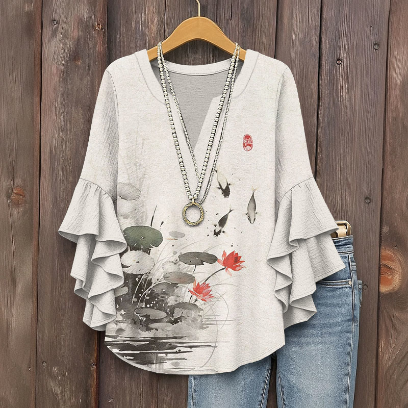 Vintage Lotus And Carp Ink Painting Ink Painting Prints Pattern Ink Print V-neck Half Sleeve Blouse - Apricot - 5XL - image 1