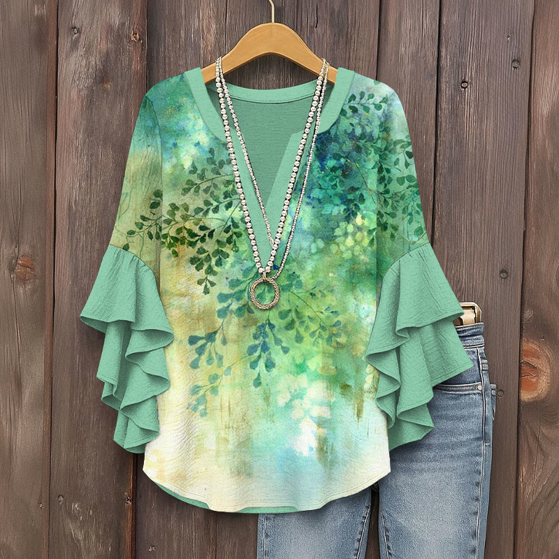 Japanese Green Leaves And Light Prints Pattern Ink Print V-neck Half Sleeve Blouse - Green - Green - image 1