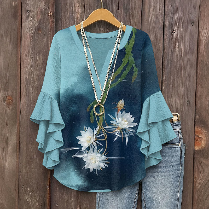 Vintage Epiphyllum Ink Painting Prints Pattern Ink Print V-neck Half Sleeve Blouse - Blue - 5XL - image 1