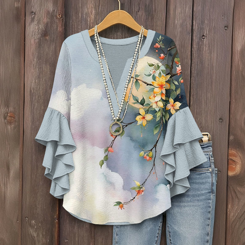 Vintage Full Moon And Flowers Prints Pattern Ink Print V-neck Half Sleeve Blouse - Grey - 5XL - image 1