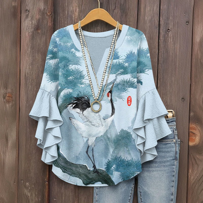 Vintage Cranes And Pine Trees Prints Pattern Ink Print V-neck Half Sleeve Blouse - Blue - 5XL - image 1