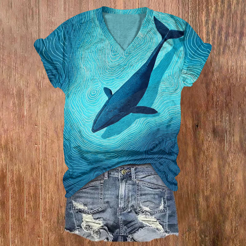 Ocean Abstract Lines Whale Gradient Pattern Print Short Sleeved V-neck T-shirt - Blue - US32-34(5XL) - image 1