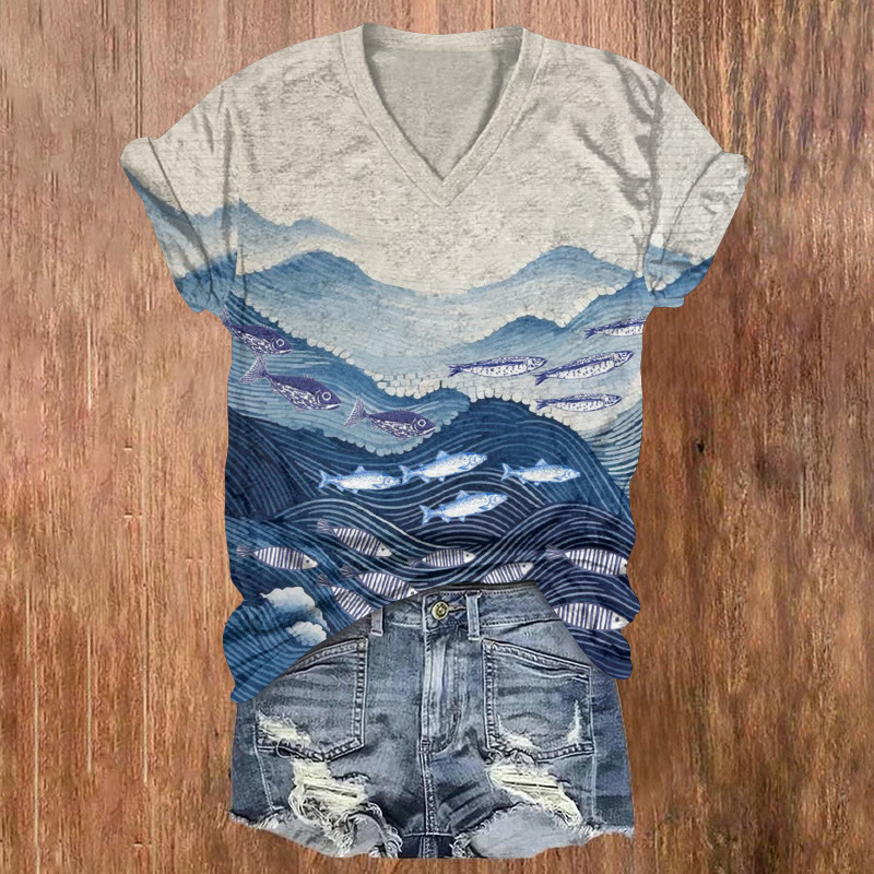 Ocean Fish Mountains Line Pattern Print Short Sleeved V-neck T-shirt - Apricot - US32-34(5XL) - image 1