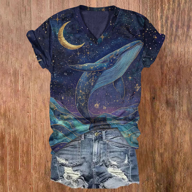 Ocean Whale Starry Sky And Moon Pattern Print Short Sleeved V-neck T-shirt - Dark Blue - US32-34(5XL) - image 1