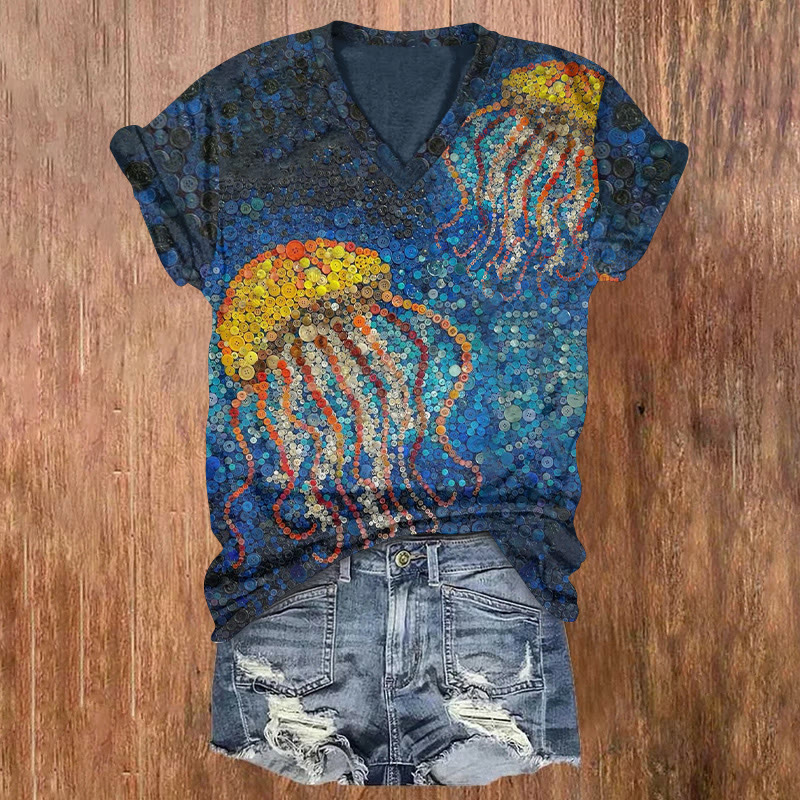 Ocean  Polka Dot Gradient Jellyfish Art Pattern Print Short Sleeved V-neck T-shirt - Dark Blue - US32-34(5XL) - image 1