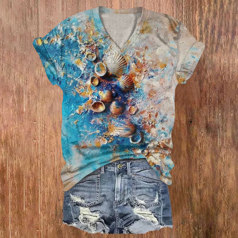 Beach Shells Gradient Texture Pattern Print Short Sleeved V-neck T-shirt - Blue - US32-34(5XL) - image 1