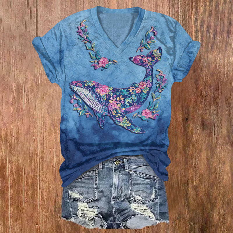 Ocean Floral Whale Gradient Texture Pattern Print Short Sleeved V-neck T-shirt - Blue - US32-34(5XL) - image 1