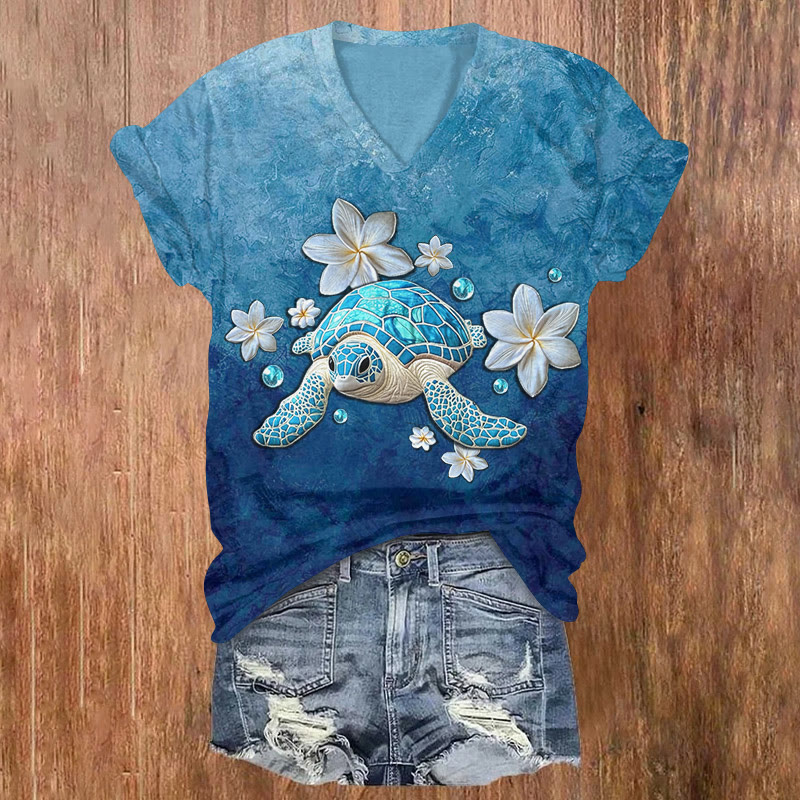 Ocean Turtle Plumeria Gradient Texture Pattern Print Short Sleeved V-neck T-shirt - Dark Blue - US32-34(5XL) - image 1
