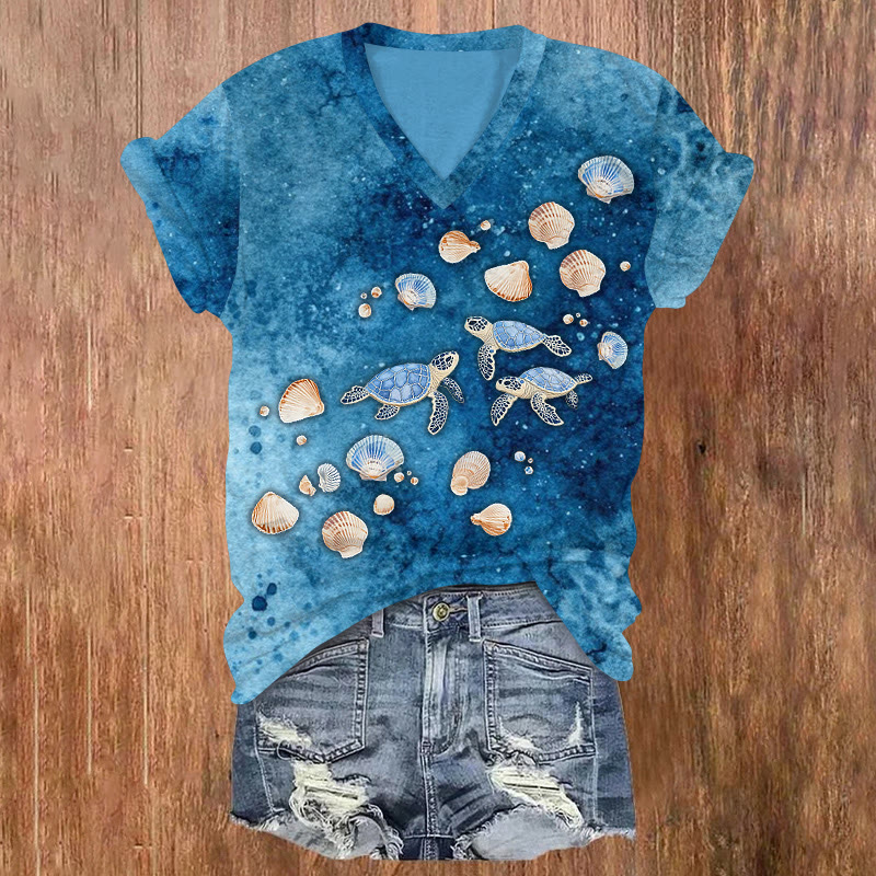 Ocean Ink-splattered Turtles And Seashells Pattern Print Short Sleeved V-neck T-shirt - Dark Blue - US32-34(5XL) - image 1