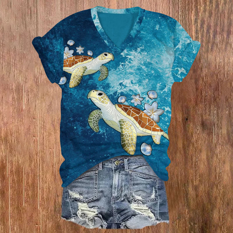Ocean Sea Turtles And Ocean Waves Pattern Print Short Sleeved V-neck T-shirt - Dark Blue - US32-34(5XL) - image 1
