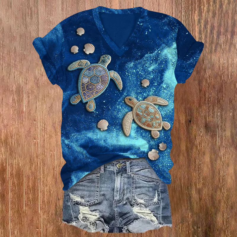 Ocean Sea Turtle Aurora Color Blocking Pattern Print Short Sleeved V-neck T-shirt - Dark Blue - US32-34(5XL) - image 1