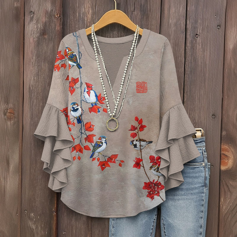 Vintage Bougainvillea And Birds Pattern Print V-neck Half Sleeve Blouse - Coffee - 5XL - image 1