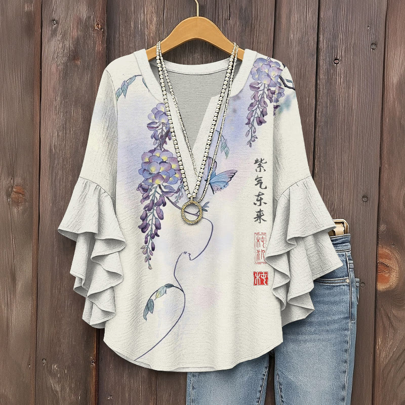 Vintage Wisteria Flowers And Butterflies Pattern Print V-neck Half Sleeve Blouse - Apricot - 5XL - image 1