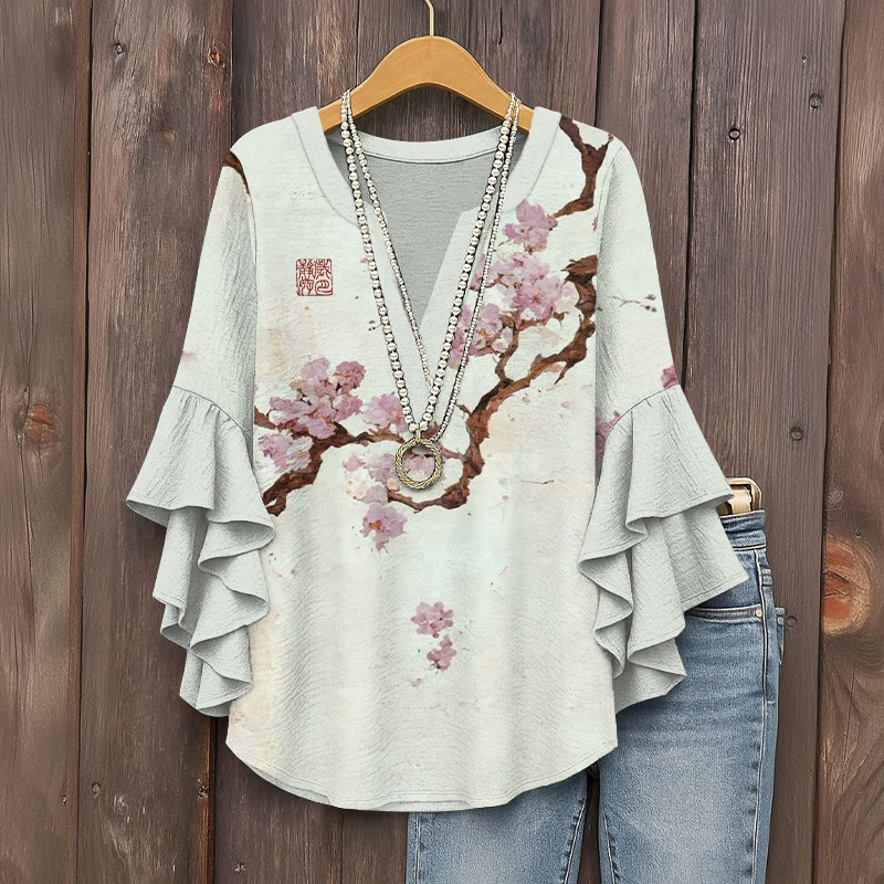 Japanese Cherry Blossom Tree Pattern Print V-neck Half Sleeve Blouse - Apricot - 5XL - image 1