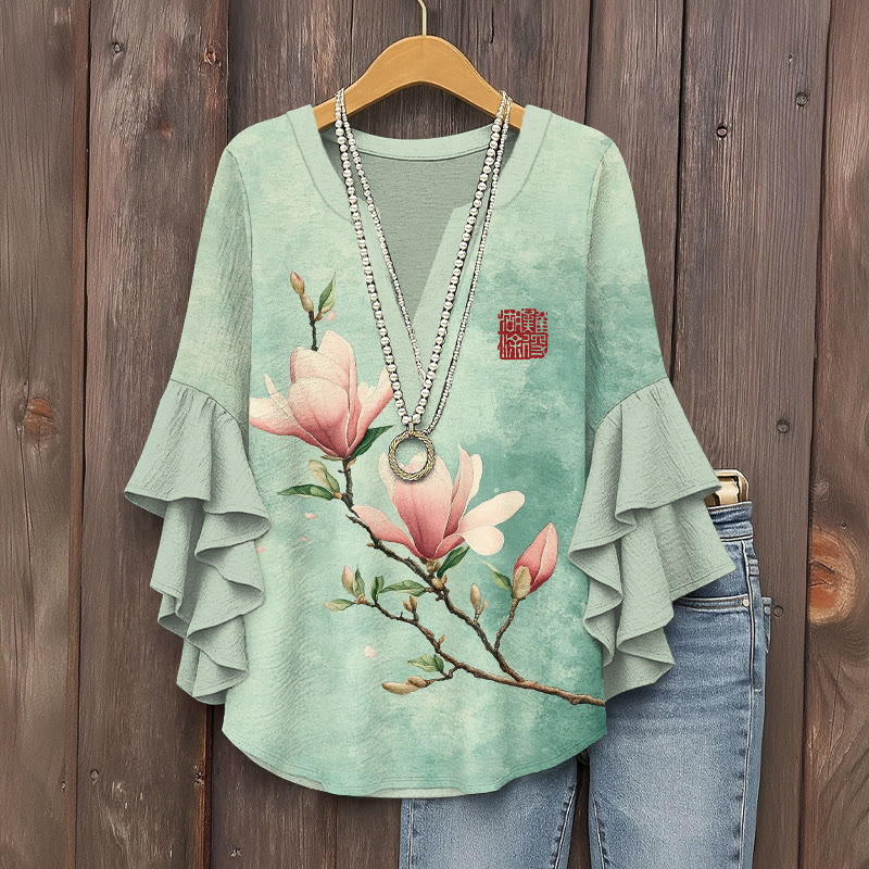 Japanese Vintage Magnolia Pattern Print V-neck Half Sleeve Blouse - Light Green - 5XL - image 1