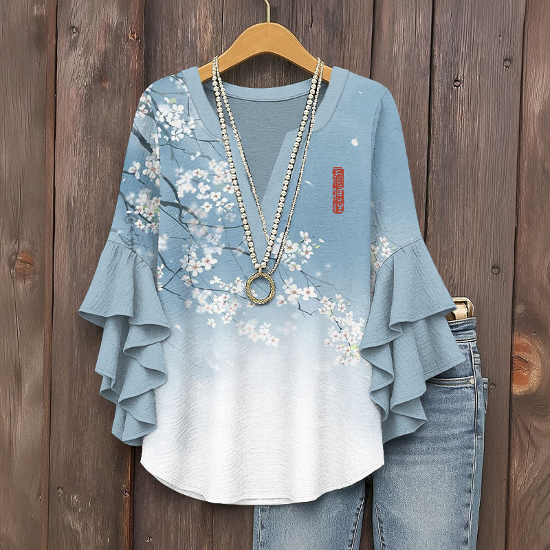 Vintage Gradient Plum Blossom Pattern Print V-neck Half Sleeve Blouse - Light Blue - Light Blue - image 1