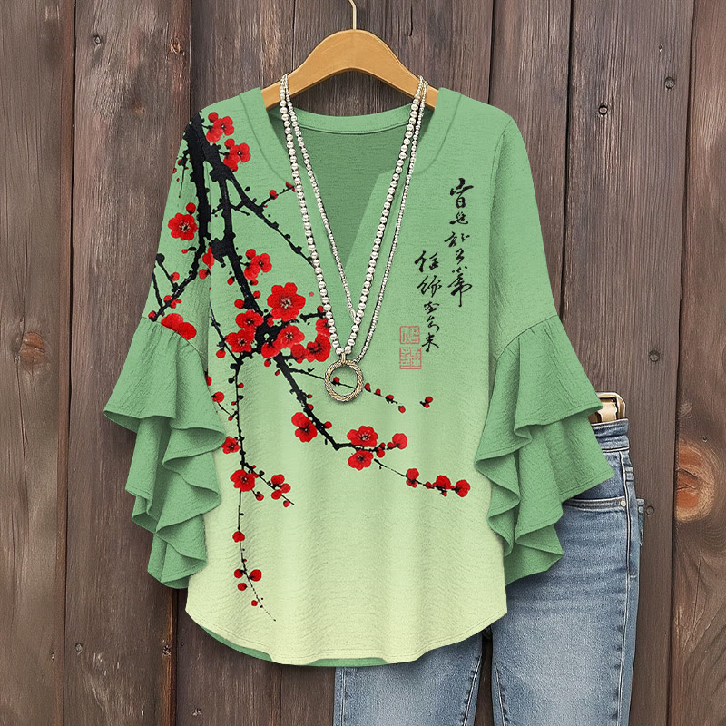 Japanese Vintage Plum Blossom Art Print V-neck Half Sleeve Blouse - Green - 5XL - image 1