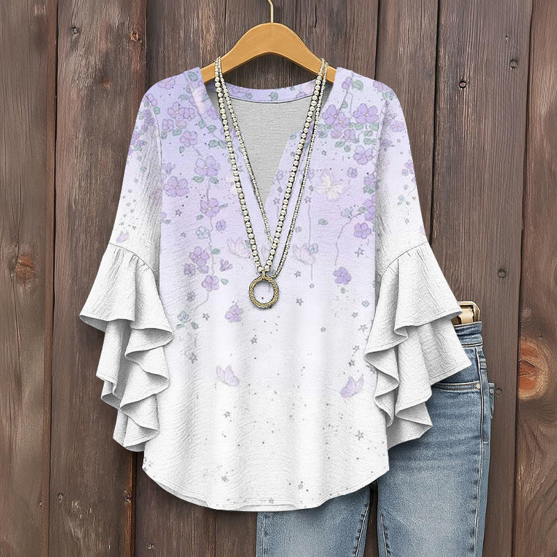 Vintage Flower And Butterfly Gradient Pattern Print V-neck Half Sleeve Blouse - Light Purple - 5XL - image 1