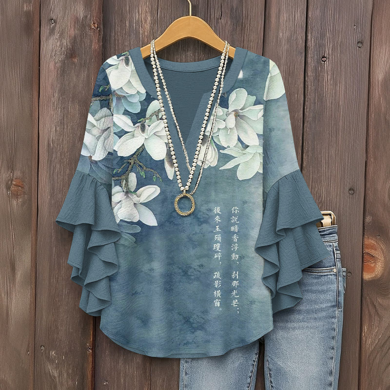 Vintage Classical Magnolia Poems Pattern Print V-neck Half Sleeve Blouse - Blue - 5XL - image 1