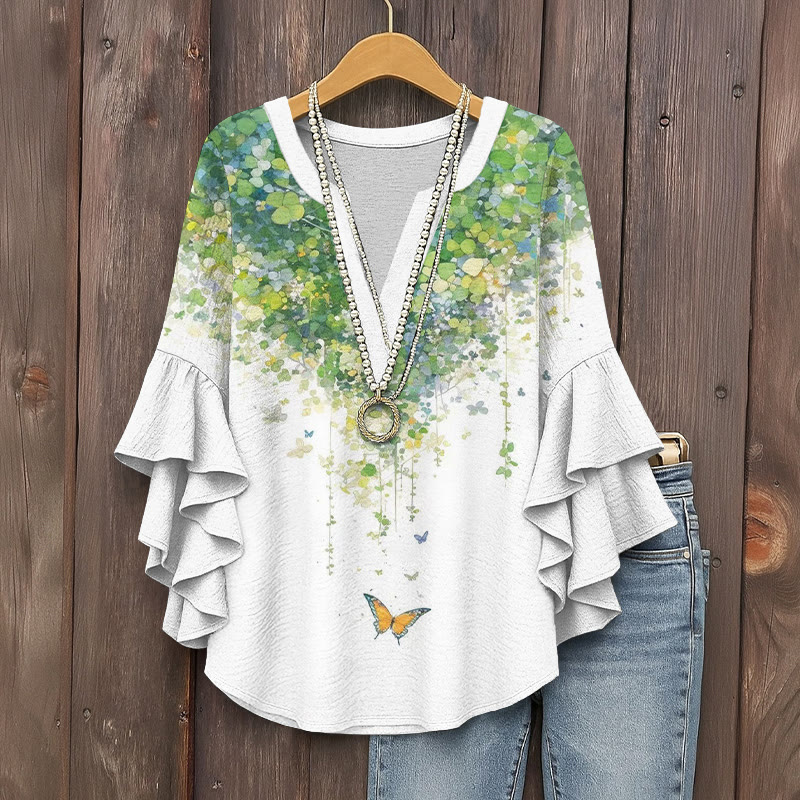 Vintage Four-leaf Clover Vines And Butterfly Pattern Print V-neck Half Sleeve Blouse - White - 5XL - image 1