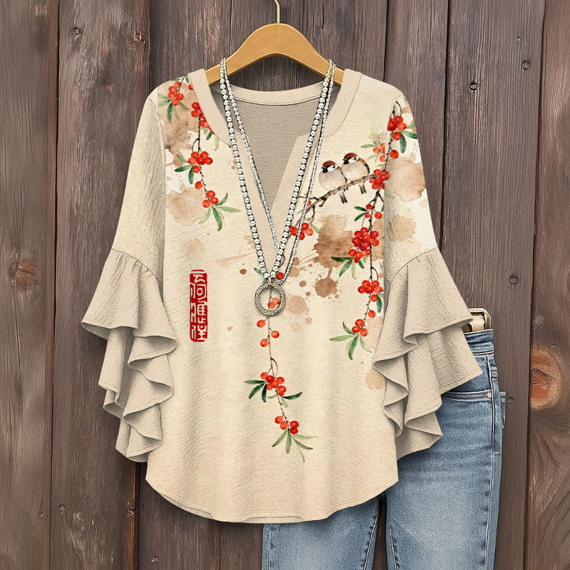 Vintage Two Little Birds And Red Berries Pattern Print V-neck Half Sleeve Blouse - Apricot - 5XL - image 1