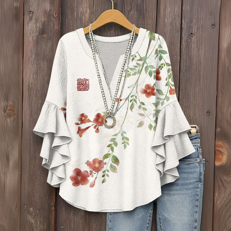 Vintage Watercolor Flowers Pattern Print V-neck Half Sleeve Blouse - White - 5XL - image 1