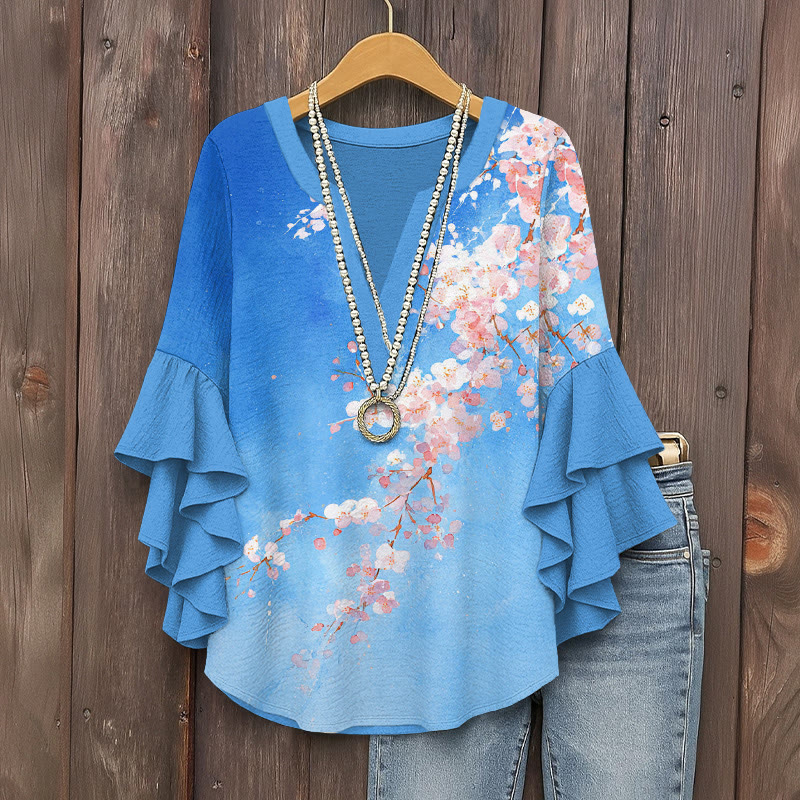 Japanese Bright Cherry Blossoms Pattern Print V-neck Half Sleeve Blouse - Blue - 5XL - image 1