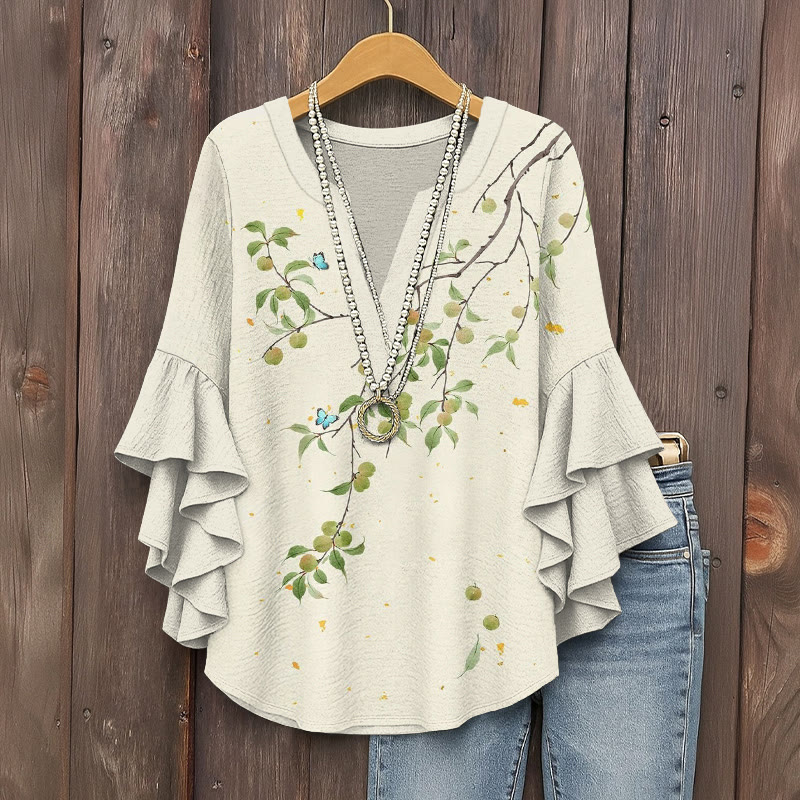Japanese Plum Tree And Butterfly Pattern Print V-neck Half Sleeve Blouse - Apricot - 5XL - image 1