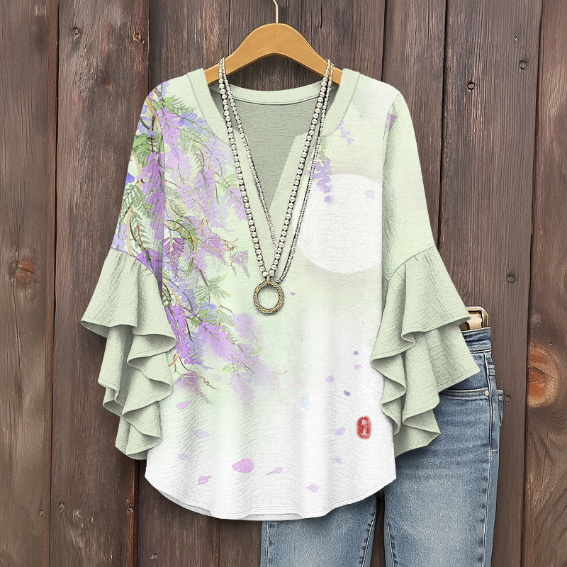 Japanese  Gradient Wisteria And The Moon Pattern Print V-neck Half Sleeve Blouse - Light Green - 5XL - image 1