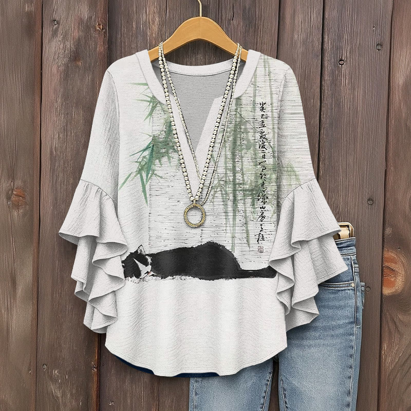 Vintage Bamboo Cat Sleeping Pattern Print V-neck Half Sleeve Blouse - White - 5XL - image 1