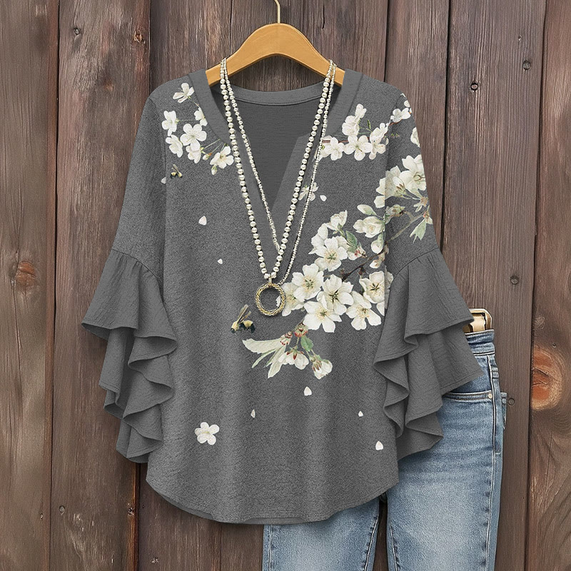 Japanese Vintage Honeybee And White Cherry Blossoms Pattern Print V-neck Half Sleeve Blouse - Grey - 5XL - image 2
