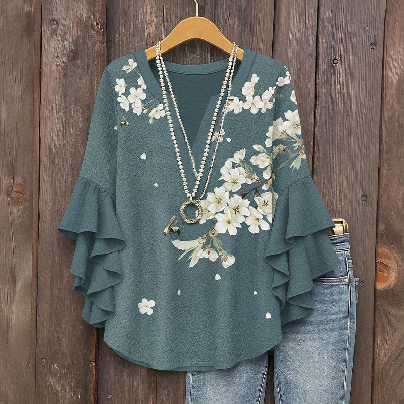 Japanese Vintage Honeybee And White Cherry Blossoms Pattern Print V-neck Half Sleeve Blouse - Blue - 5XL - image 1